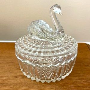 Vintage Glass Swan Powder Holder Jar with Swan Lipstick Holder Lid